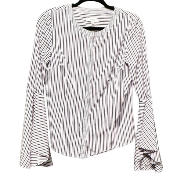 MILLY Michelle Flare Sleeve Striped Button Down Classic Designer Blouse Size 4 - Picture 2 of 9